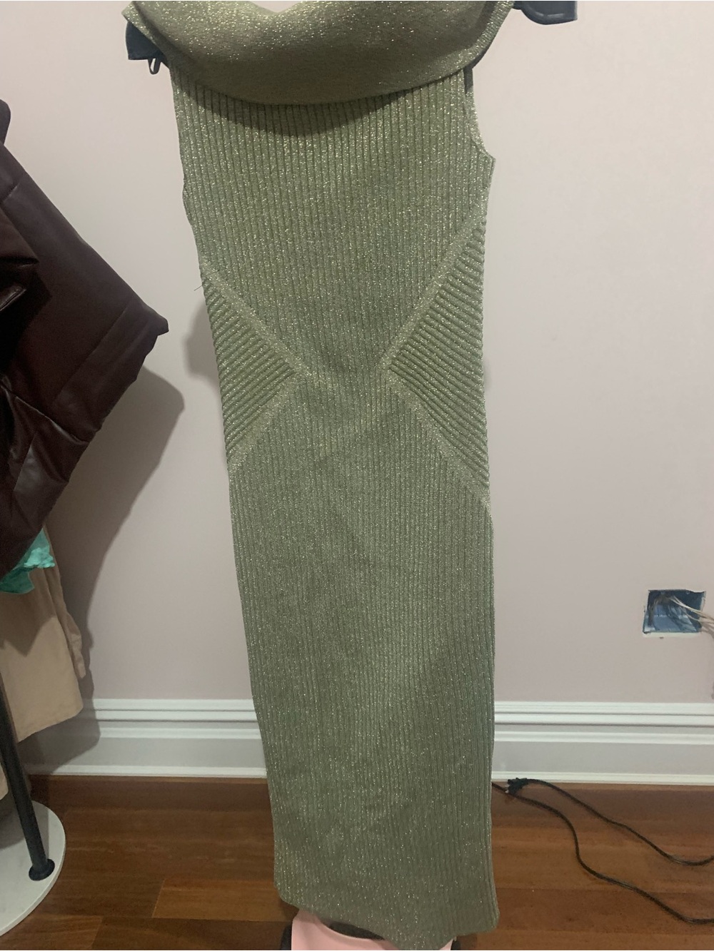 New York & Company Olive Green Ribbed Midi Dress